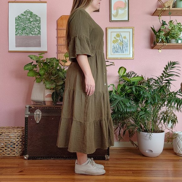 Chelsea and Theodore Moss Green 100% Cotton Double Gauze Midi Dress Size L - Picture 4 of 17